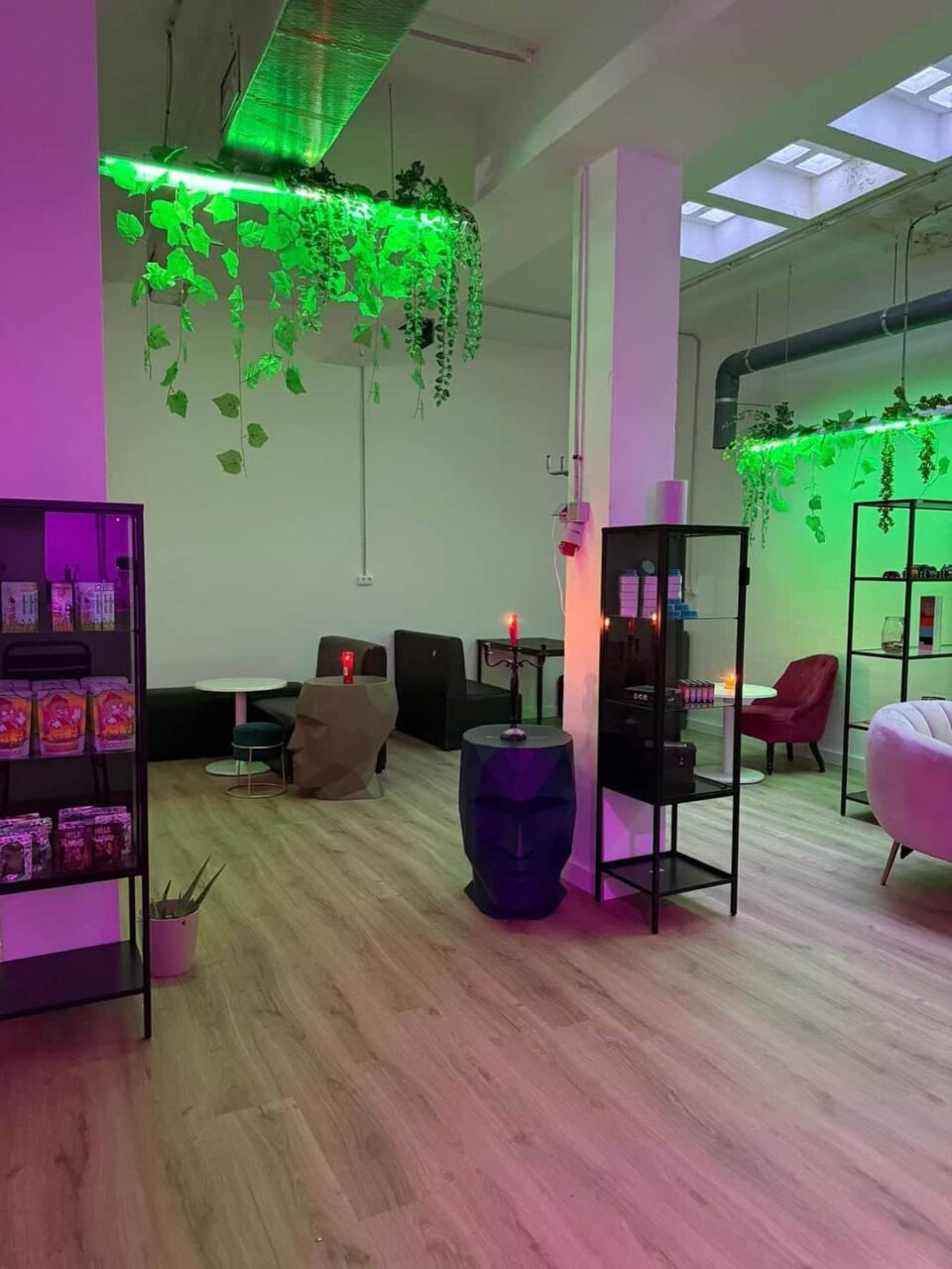 Intérieur du Mística Social Club à Madrid, avec des sièges modernes, des étagères de produits, un éclairage néon vert et des plantes suspendues.
